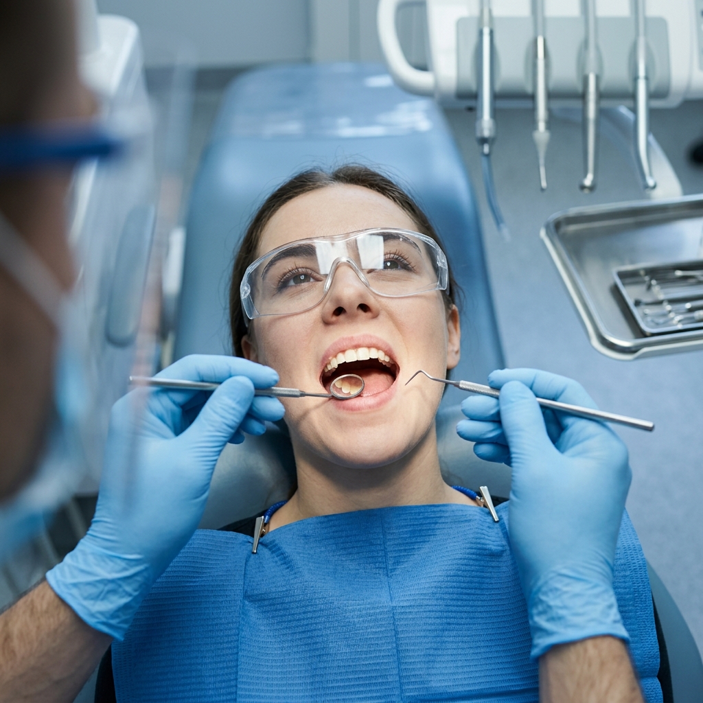 Kobieta w okularach ochronnych leży na fotelu dentystycznym z otwartymi ustami podczas badania zębów.