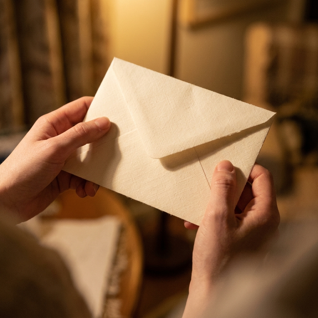 Dłonie trzymające kremową kopertę z teksturowanego papieru w ciepłym, przytulnym świetle.