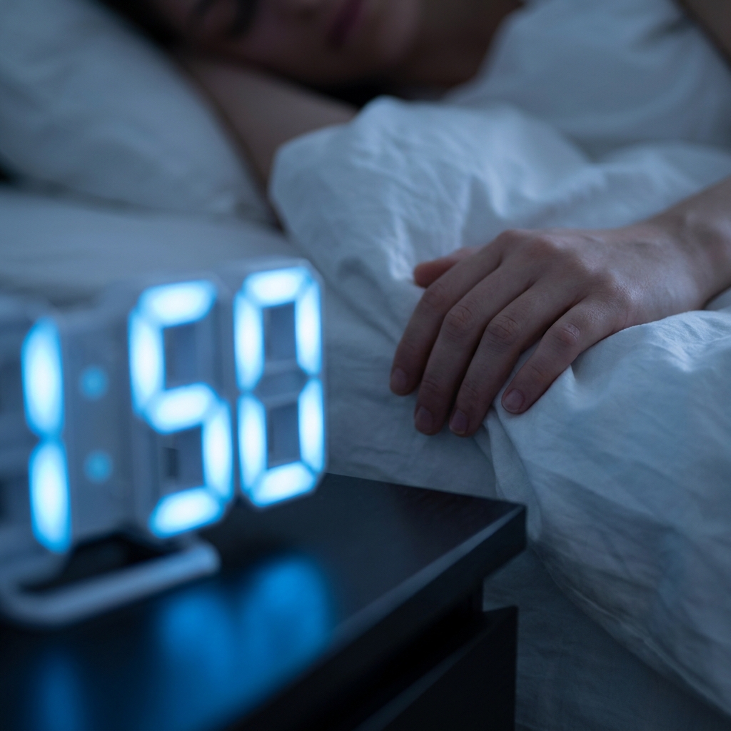 Cyfrowy budzik pokazujący 1:50 na nocnym stoliku, w tle śpiąca osoba w łóżku pod białą pościelą.