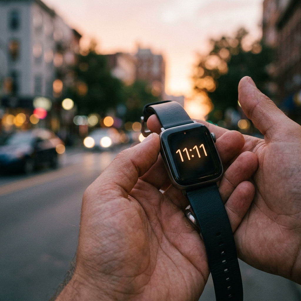 Dłonie trzymają smartwatch pokazujący godzinę 11:11 na tle rozmytej ulicy miasta o zachodzie słońca.