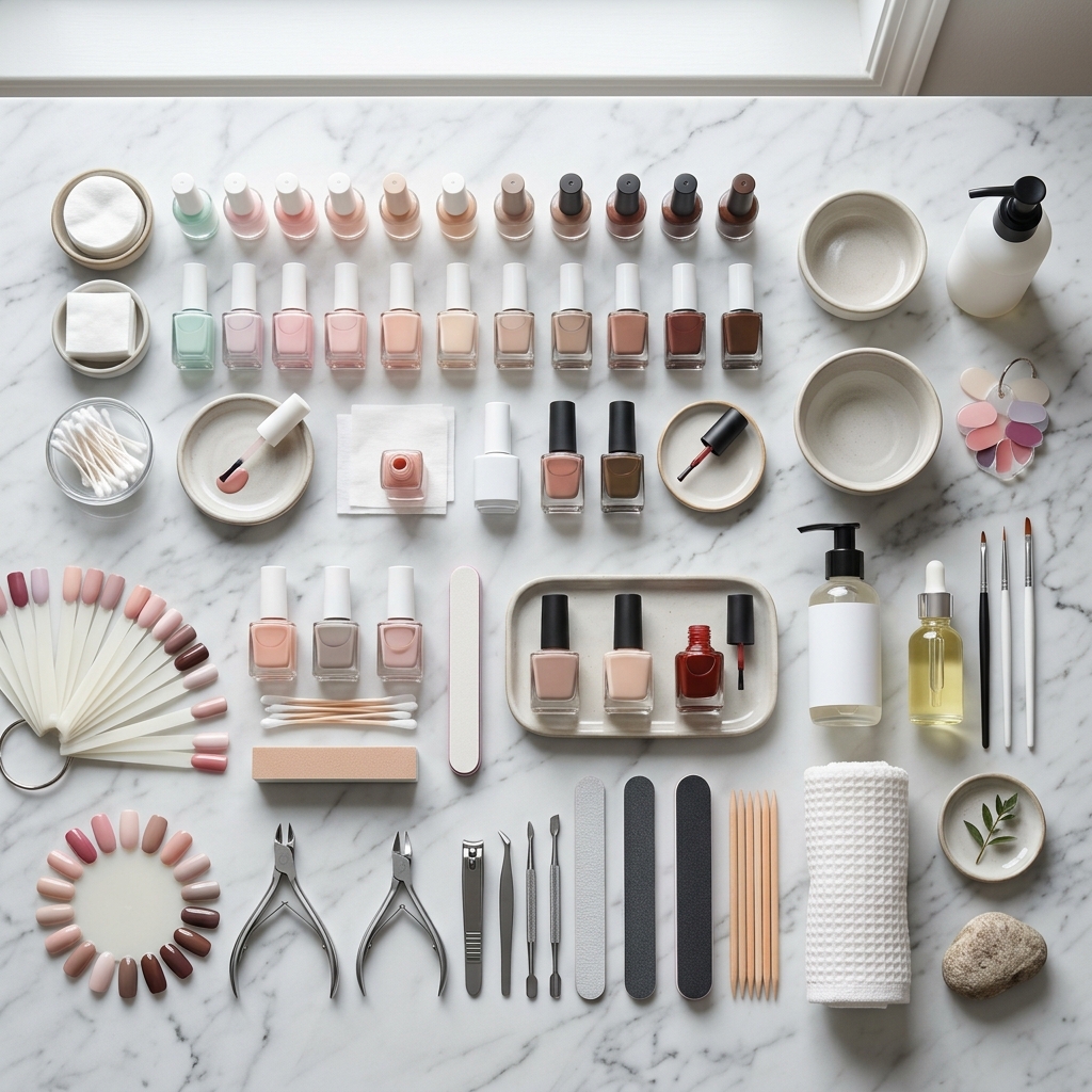 Uporządkowany zestaw lakierów do paznokci i narzędzi do manicure ułożony na marmurowym blacie.
