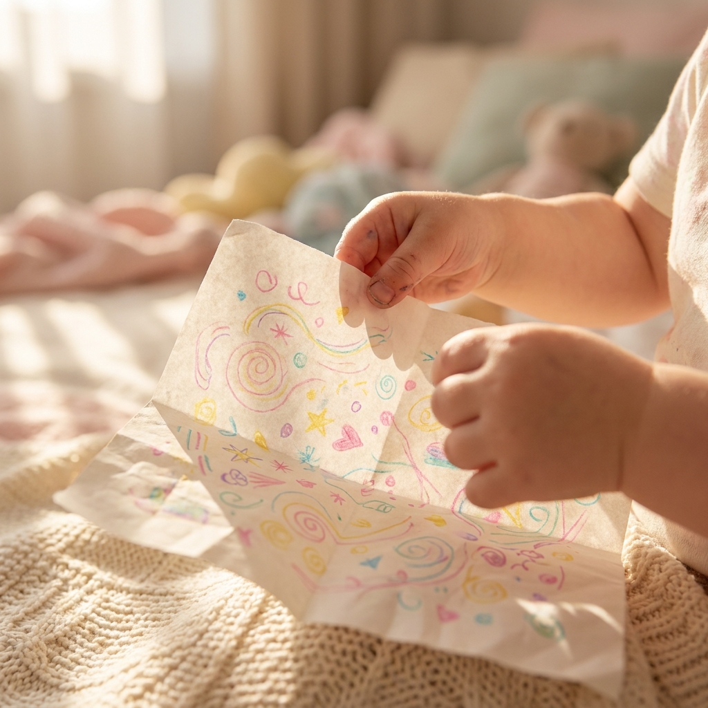 Dziecięce dłonie trzymają pomarszczoną kartkę papieru pokrytą kolorowymi rysunkami kredkami na łóżku.