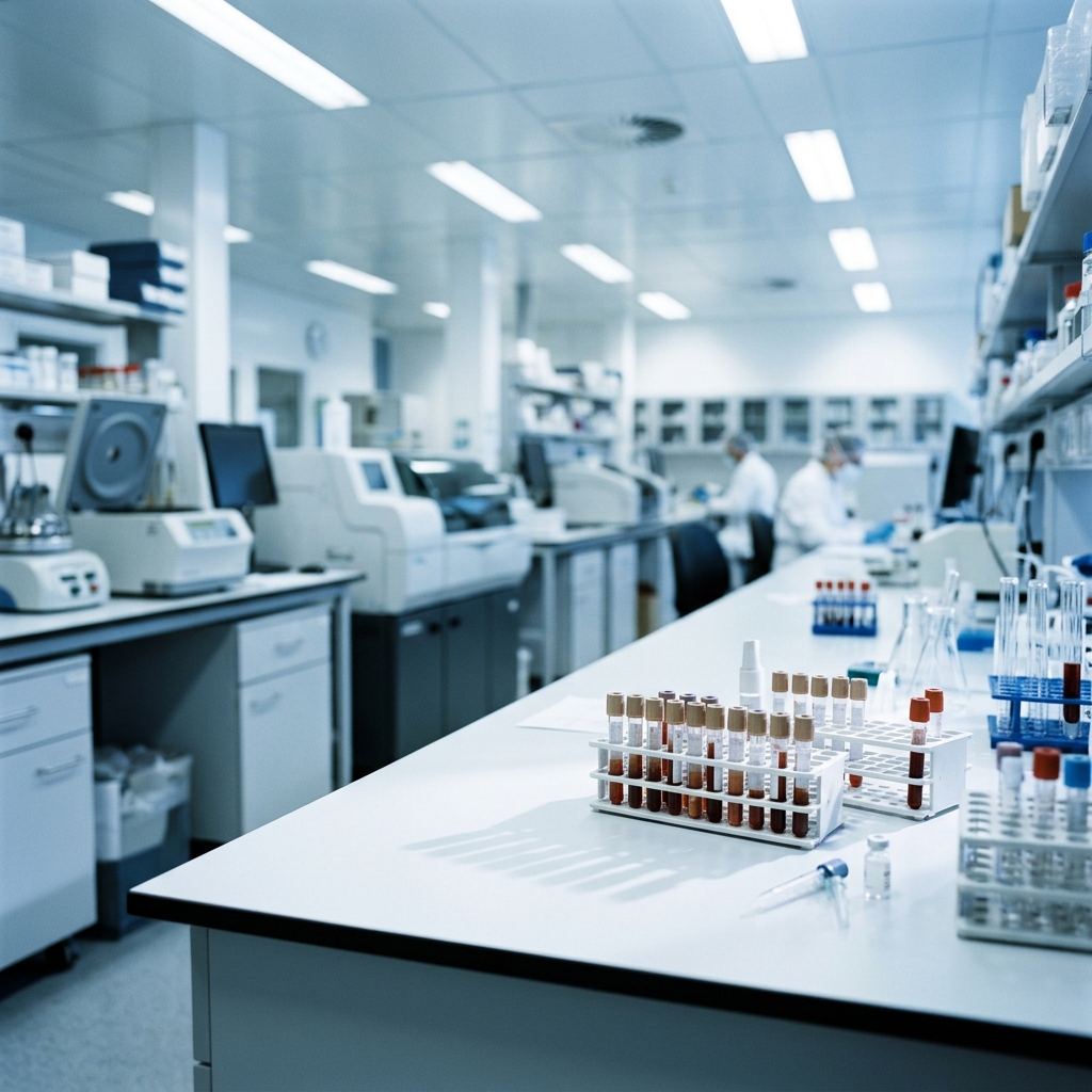 Laboratorium medyczne z probówkami na próbki na pierwszym planie i naukowcami pracującymi w tle.