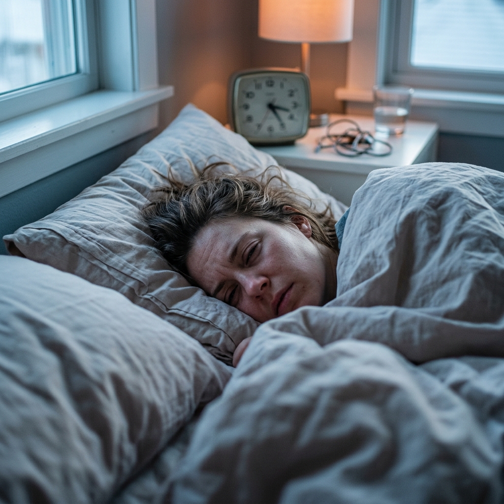 Kobieta śpi w łóżku pod szarą kołdrą, obok budzik i lampka na nocnym stoliku przy oknie.