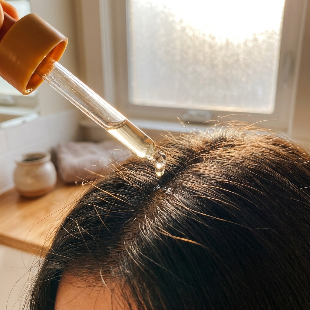 Zbliżenie na dłoń nakładającą kroplę olejku pipetą na skórę głowy przy przedziałku ciemnych włosów, w tle okno z naturalnym światłem.