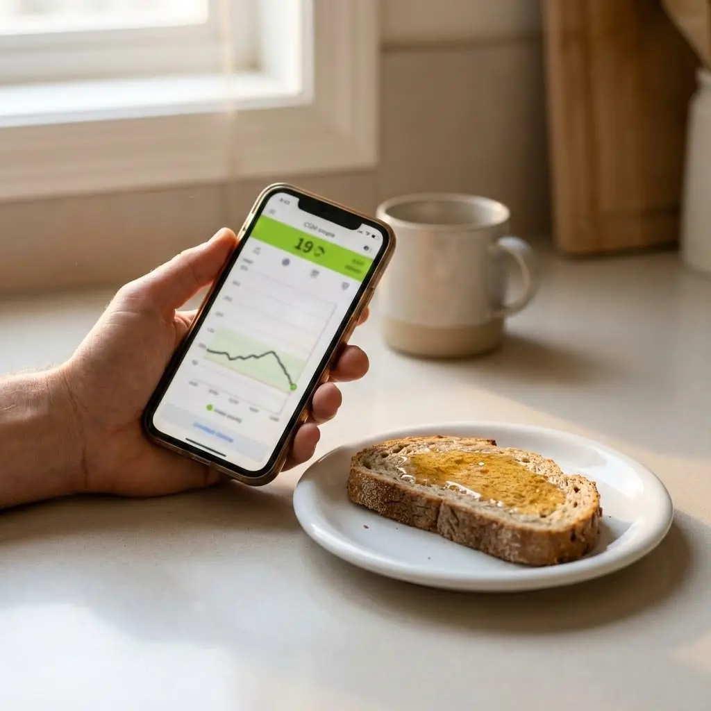 Ręka trzymająca smartfon z aplikacją CGM pokazującą wynik '19' cukru we krwi i zielony wykres obok chleba z miodem na słonecznym blacie kuchennym