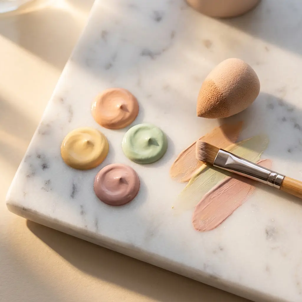 Ujęcie flat lay kremowych korektorów koloru w pastelowych odcieniach brzoskwini, żółtego, miętowej zieleni i różu na białym marmurze z pędzlem i gąbeczką beauty blender