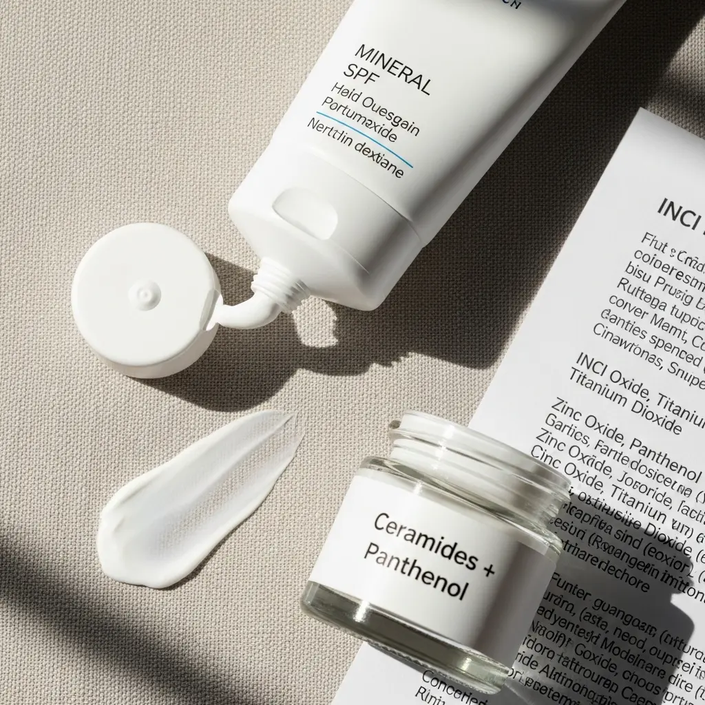 Flat lay z otwartą tubką Mineral SPF, słoikiem Ceramides + Panthenol, próbką kremu i listą INCI na teksturowanym tle