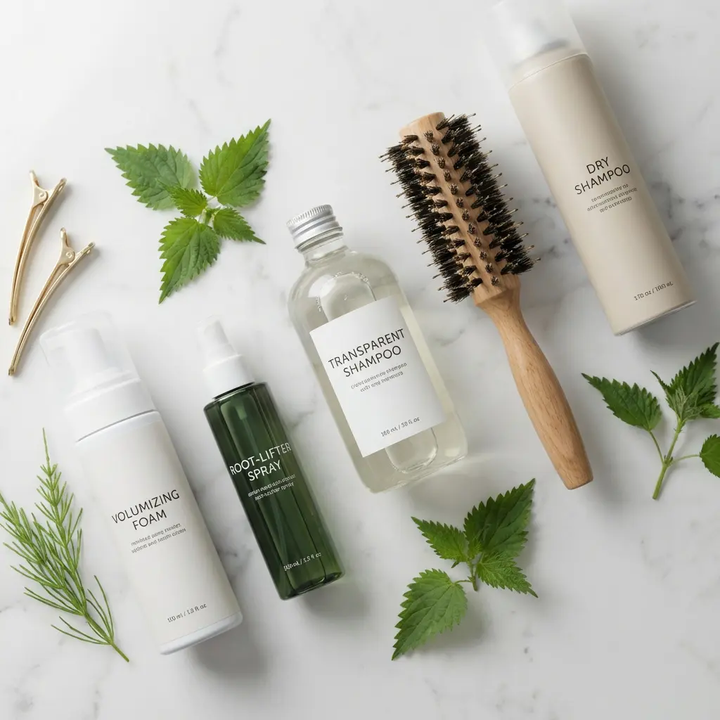 Minimalistyczny flat lay produktów do włosów na białym marmurze: przezroczysty szampon, pianka volumizująca, spray unoszący u nasady, suchy szampon, szczotka, klipsy, zielone liście