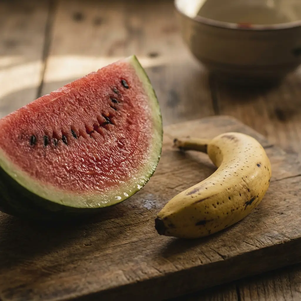 Makro soczystego plastra arbuza z czerwonym miąższem, nasionami, zieloną skórką i dojrzałego banana na rustykalnej drewnianej desce