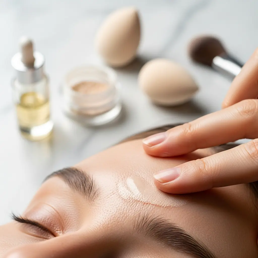 Zbliżenie palców wklepujących i blendujących jasny podkład na czole, z gąbeczkami beauty, pędzlem, pudrem, serum na marmurze