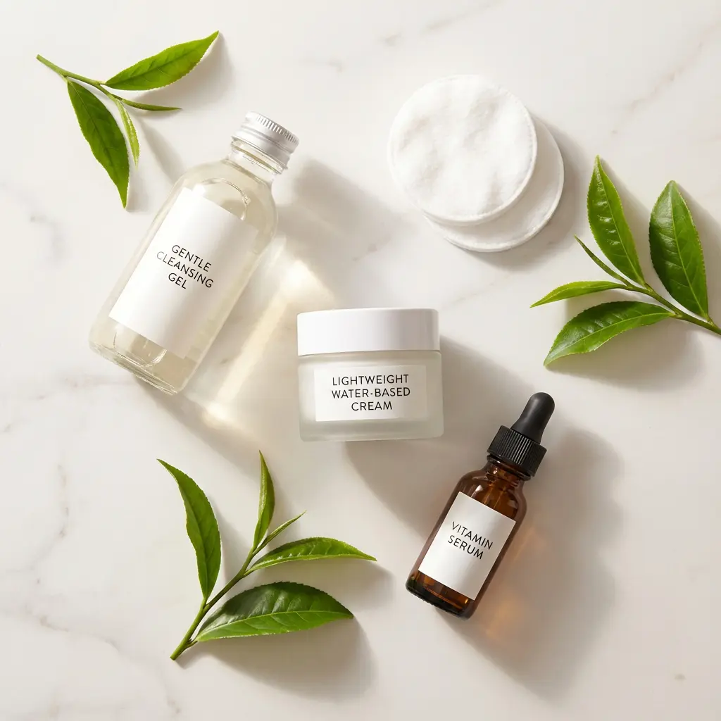 Minimalistyczna kompozycja flat lay produktów do pielęgnacji: delikatny żel oczyszczający, lekki krem wodny, serum witaminowe, zielone liście i płatki bawełniane na marmurze