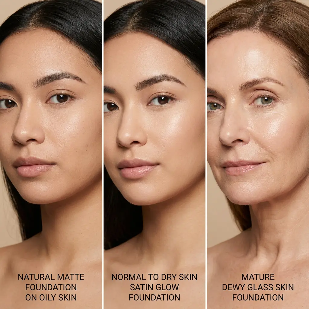 Porównanie trzech wykończeń podkładu: naturalny mat na tłustej skórze młodej kobiety, satynowy blask na normalno-suchej skórze, dewowy glass skin na dojrzałej skórze