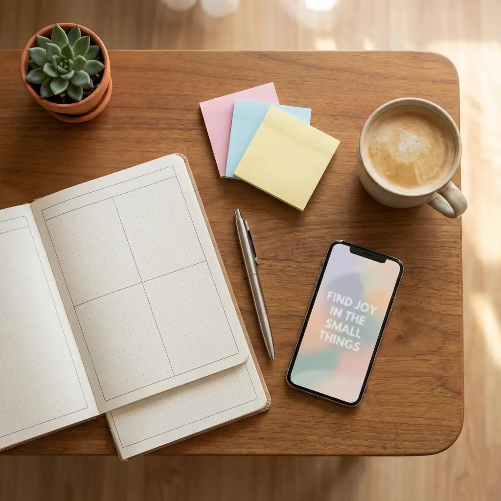 Flat lay przytulnej zorganizowanej przestrzeni roboczej na drewnianym stole: sukulent, karteczki pastelowe, notes kropkowy, srebrny długopis, kubek kawy, cytat na smartfonie