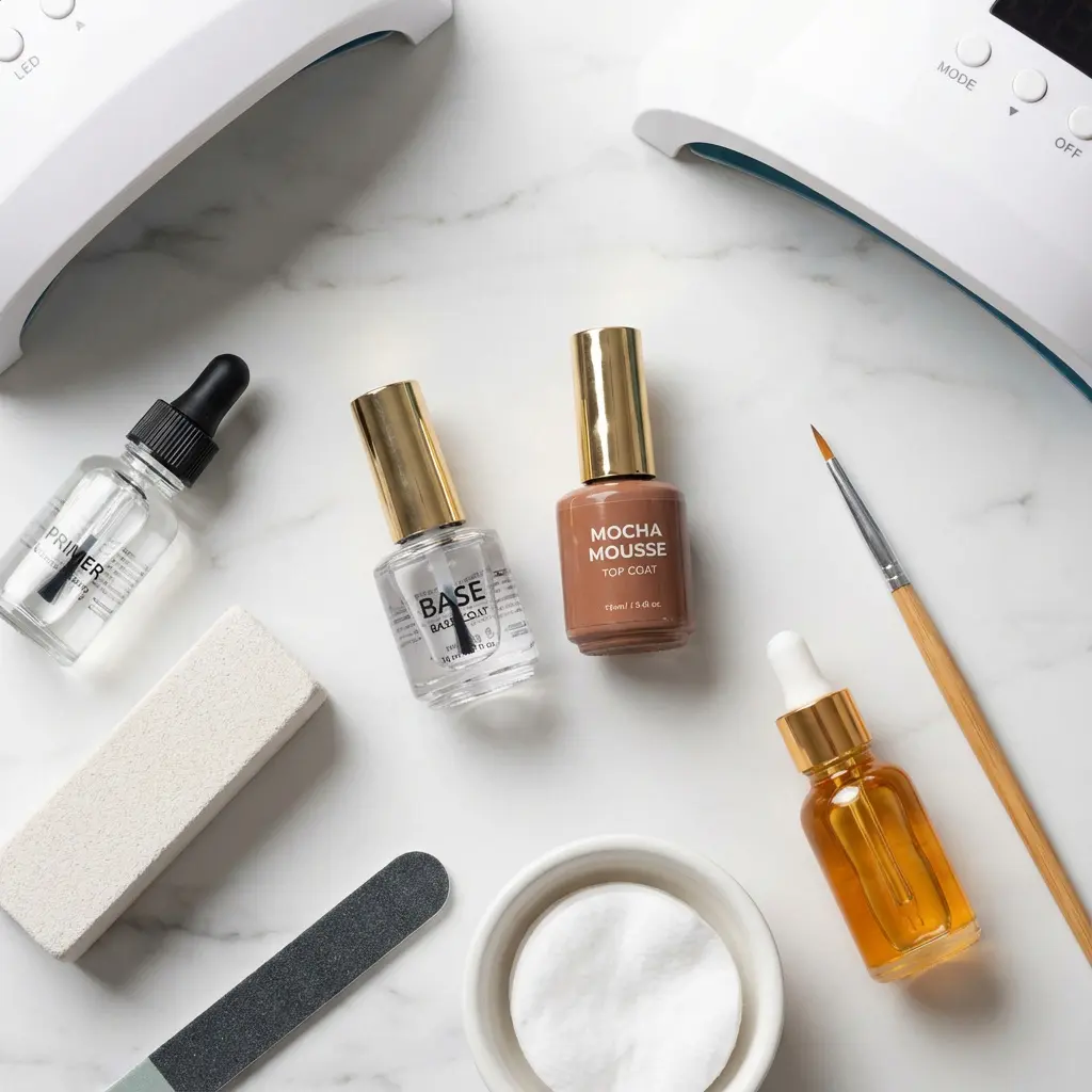 Jasny flat lay narzędzi i produktów do manicure żelowego na białym marmurze: lampy UV/LED, primer, baza, top Mocha Mousse, blok polerski, pilnik, olejek do skórek, pędzelek, waciki