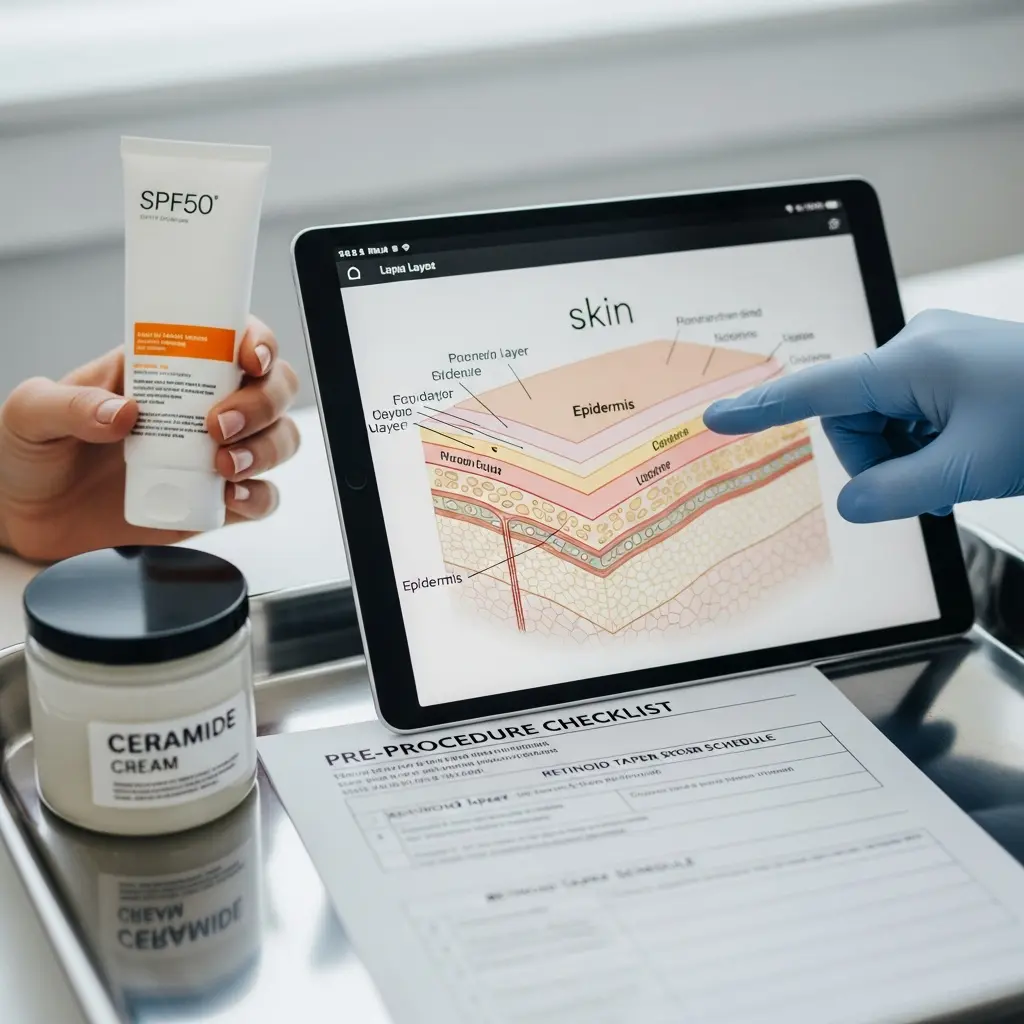 Ręka w niebieskiej rękawiczce wskazuje na tablet z diagramem warstw skóry podczas konsultacji dermatologicznej, obok krem SPF50 i krem z ceramidami