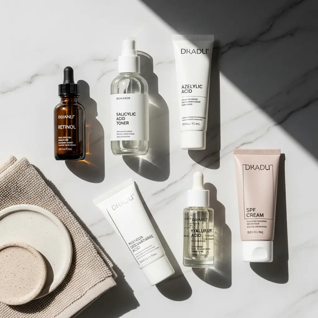 Układ flat lay produktów do pielęgnacji skóry na białym marmurze: retinol, tonik z kwasem salicylowym, kwas azelainowy, niacynamid, krem SPF z naturalnymi cieniami