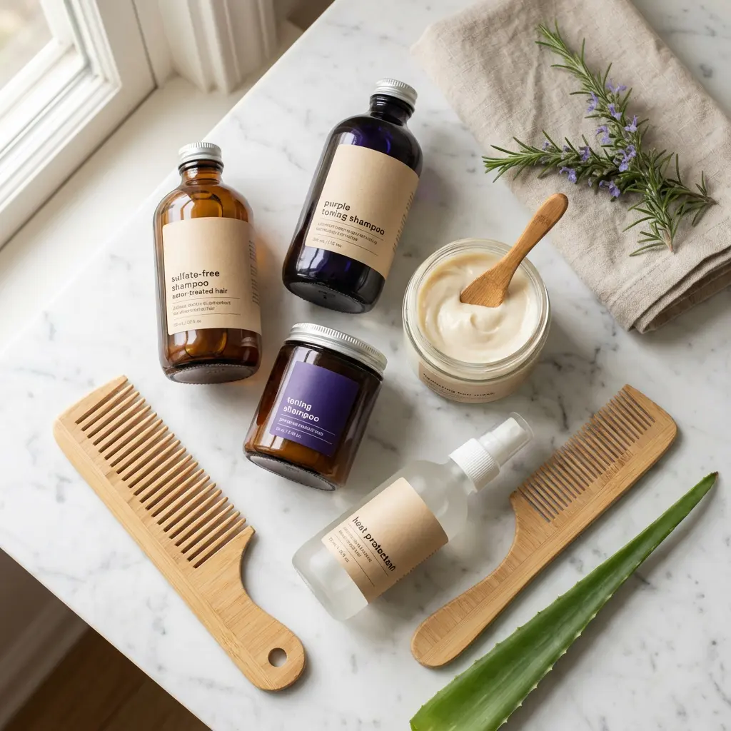 Ujęcie z góry naturalnych produktów do pielęgnacji włosów na białym blacie marmurowym z grzebieniami, rozmarynem i liściem aloesu