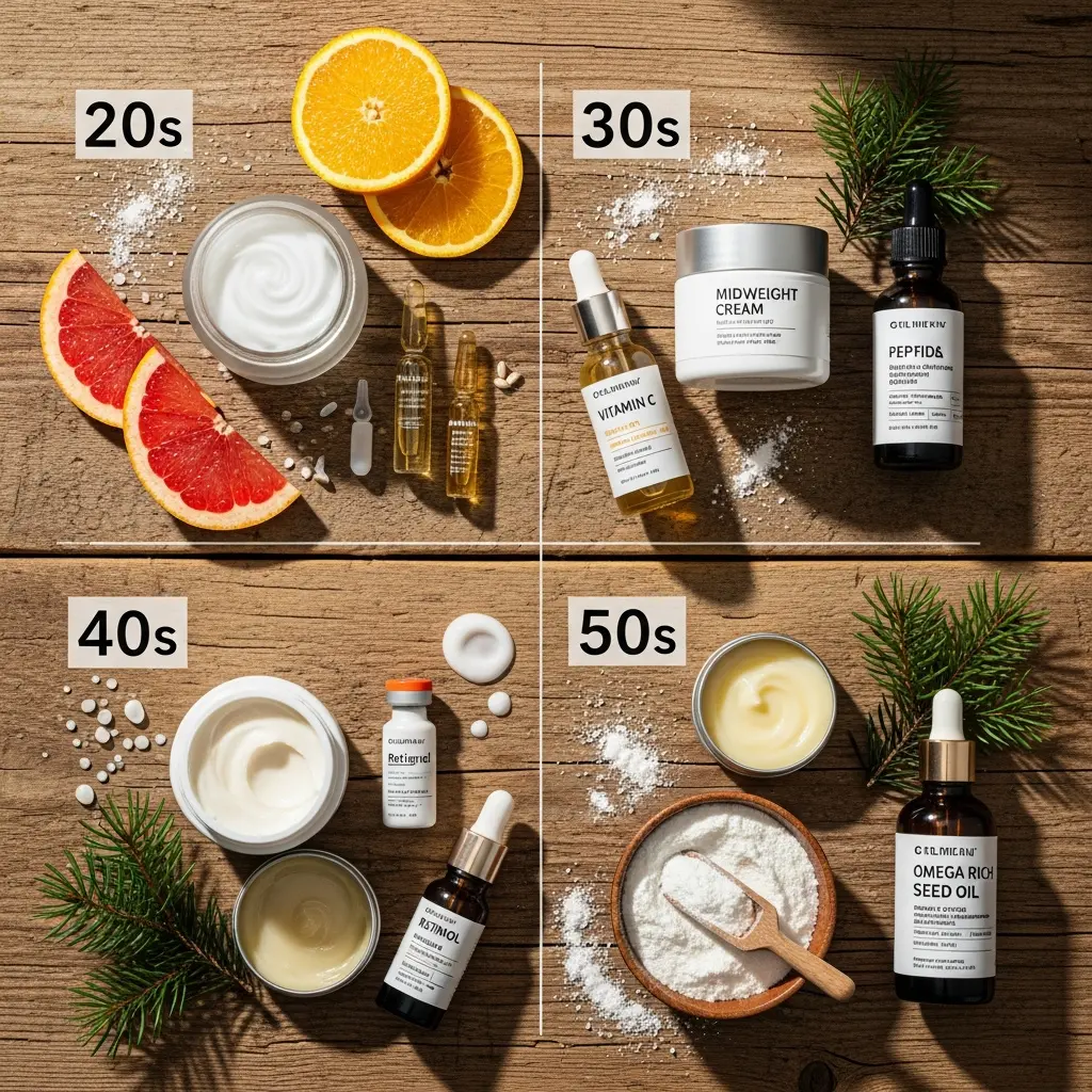 Flat lay przewodnik po pielęgnacji skóry wg dekad 20-50: kremy nawilżające, witamina C, peptydy, retinoidy, oleje odżywcze, cytrusy na rustykalnym drewnie