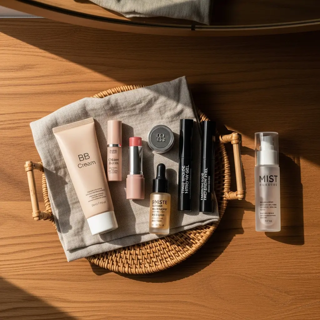 Flat lay z kosmetykami i produktami do pielęgnacji: krem BB, róż w sztyfcie, szminka, żele, serum i mgiełka w okrągłym wiklinowym tacu na lnie