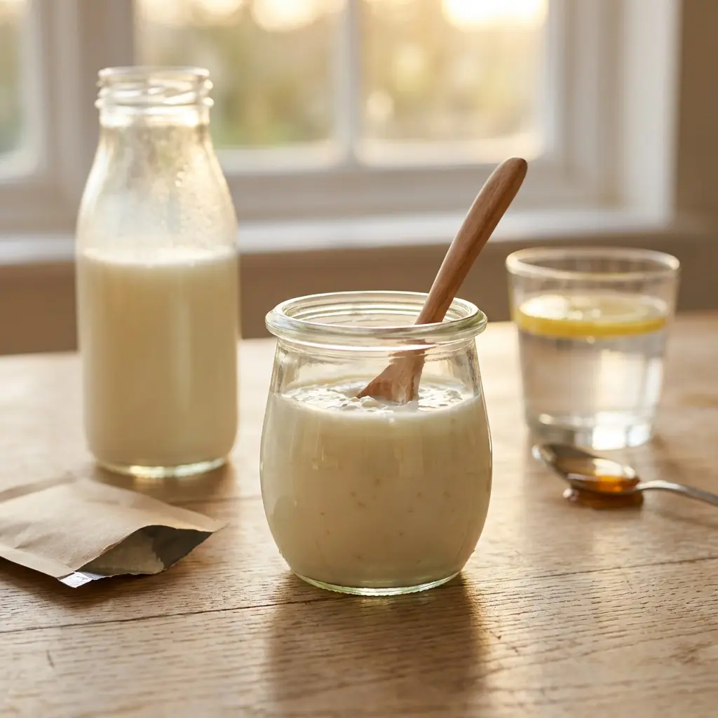 Zdrowy domowy jogurt lub kefir w słoiku szklanym na rustykalnym drewnianym stole z butelką mleka, saszetką proszku, wodą z cytryną i łyżką miodu