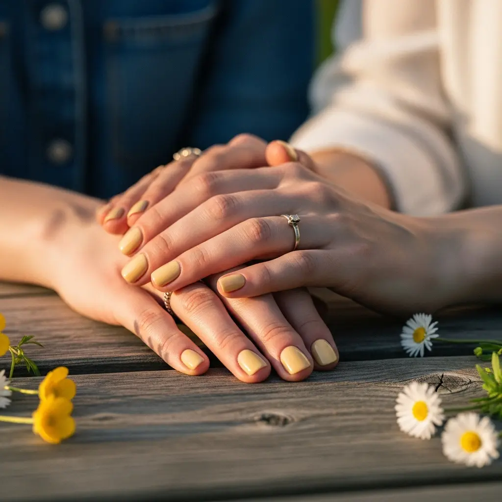 Dwie pary jasnych rąk z manicure w kolorze ciepłego żółtego delikatnie spoczywające na rustykalnym drewnianym stole z pierścionkami, stokrotkami i jaskrami w miękkim słońcu