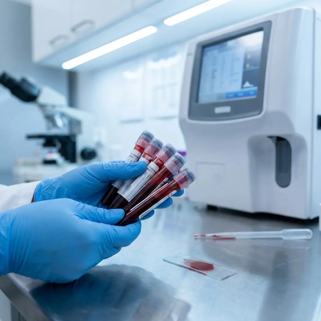 Ręce w niebieskich rękawiczkach trzymające probówki z krwią na stole laboratoryjnym z preparatem, pipetą, mikroskopem i analizatorem w sterylnym labie medycznym