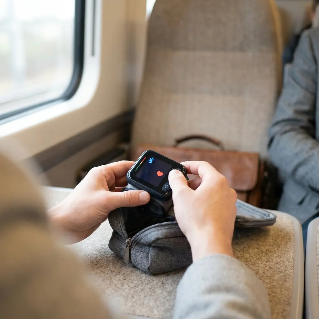 Ręce trzymające i obsługujące kompaktowy ciemny przenośny monitor zdrowia na stoliku w pociągu, ekran z czerwoną ikoną serca, baterią i Bluetooth