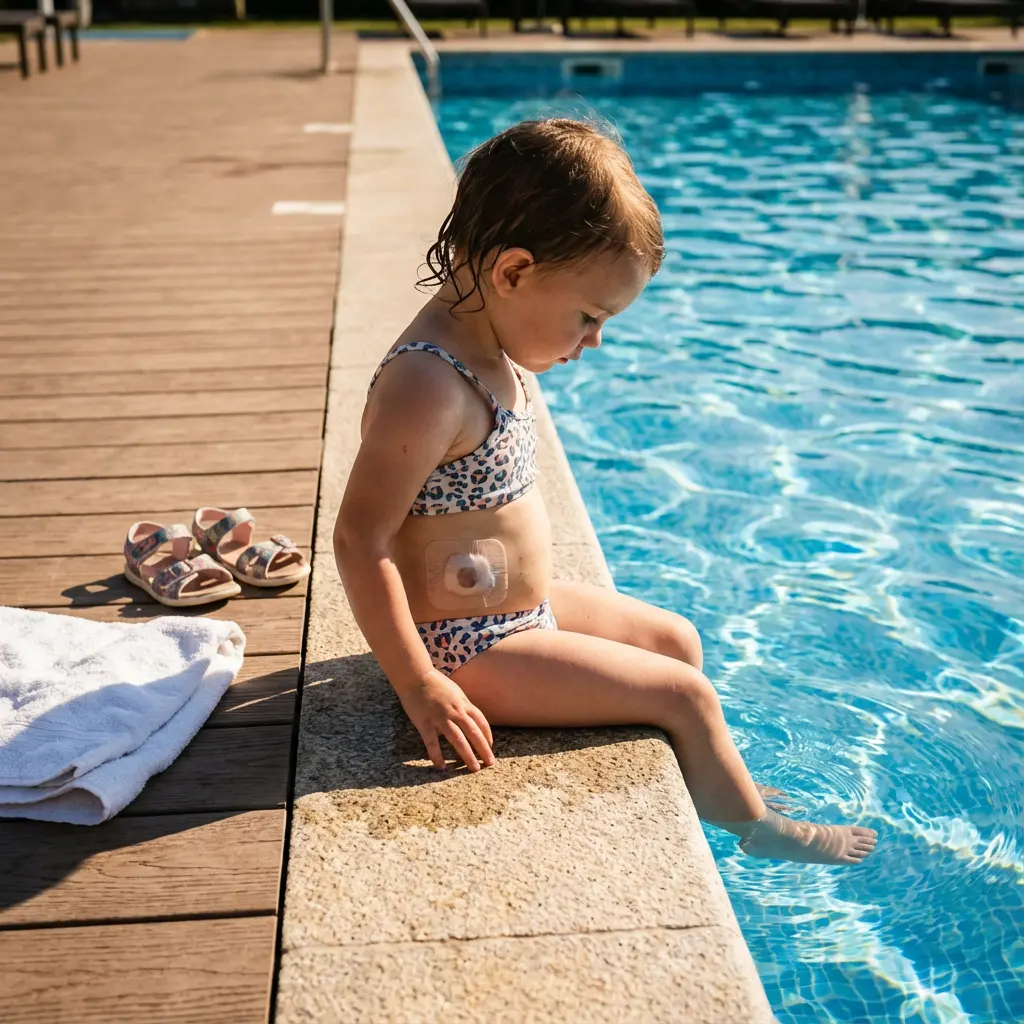 Mała dziewczynka w leopardowym bikini siedzi na krawędzi słonecznego basenu z naklejką CGM na brzuchu, mocząc bosą stopę w wodzie