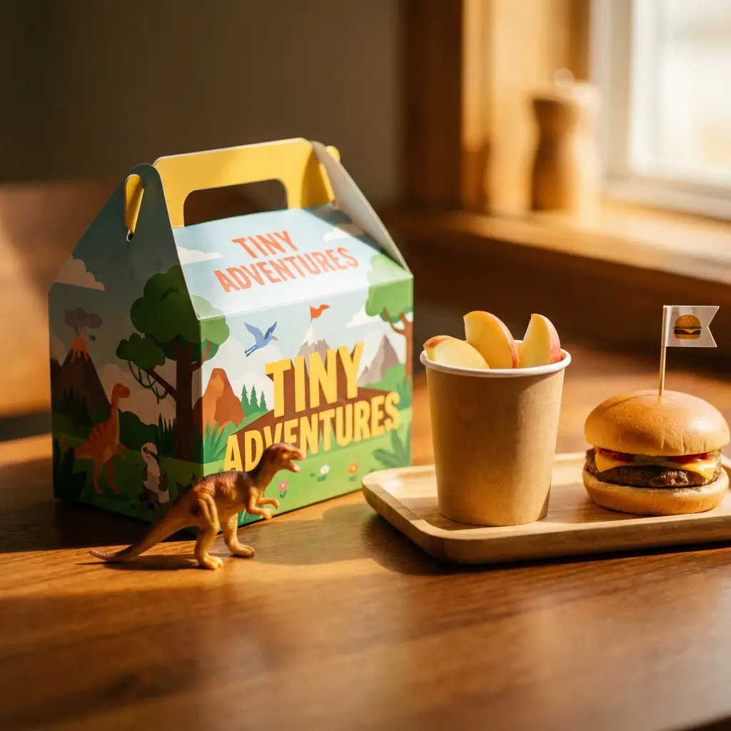Słoneczny dziecięcy posiłek Tiny Adventures: kolorowa skrzynka z dinozaurem, burger z chorągiewką, jabłka na drewnianej tacy