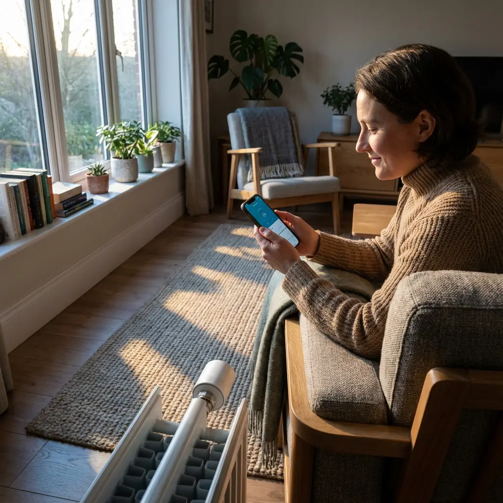 Kobieta na sofie w nasłonecznionym salonie używająca smartfona do kontroli inteligentnego ogrzewania z zaworem termostatycznym na grzejniku