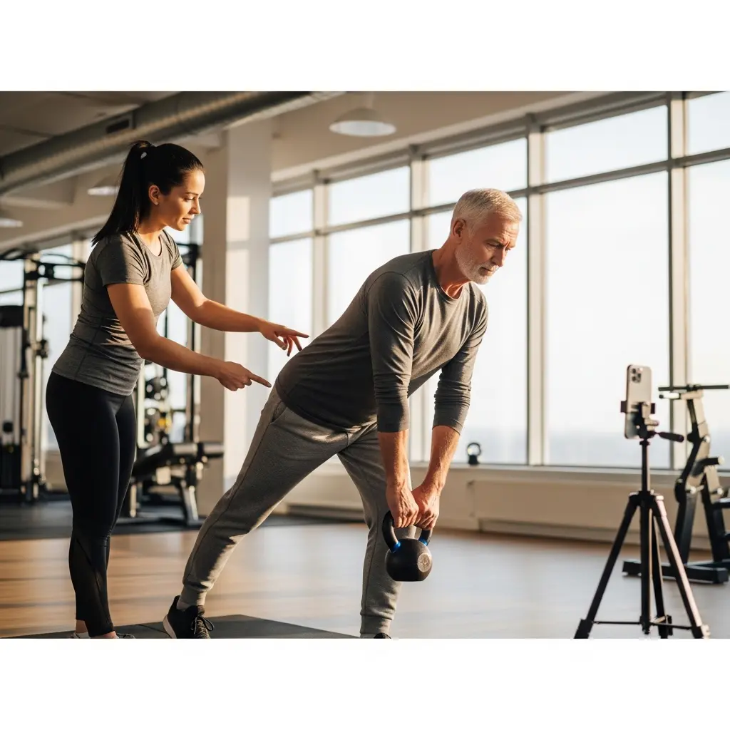 Trenerka osobista kieruje starszym klientem męskim podczas ćwiczenia na jednej nodze z kettlebell w nowoczesnej siłowni, korygując formę, smartfon na statywie nagrywa sesję