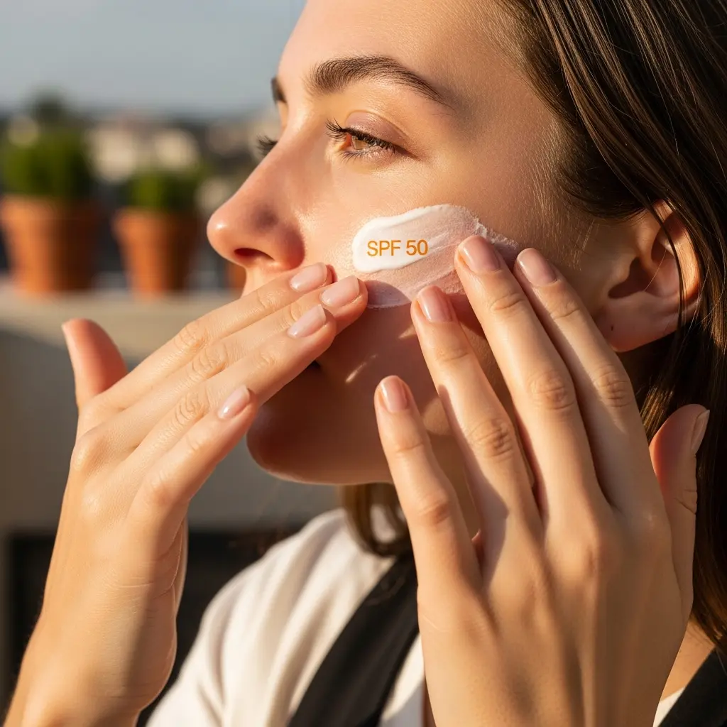 Powlidok młodej kobiety nakładającej krem SPF 50 na lewy policzek delikatnymi palcami, spokojna mina w złotym świetle godziny