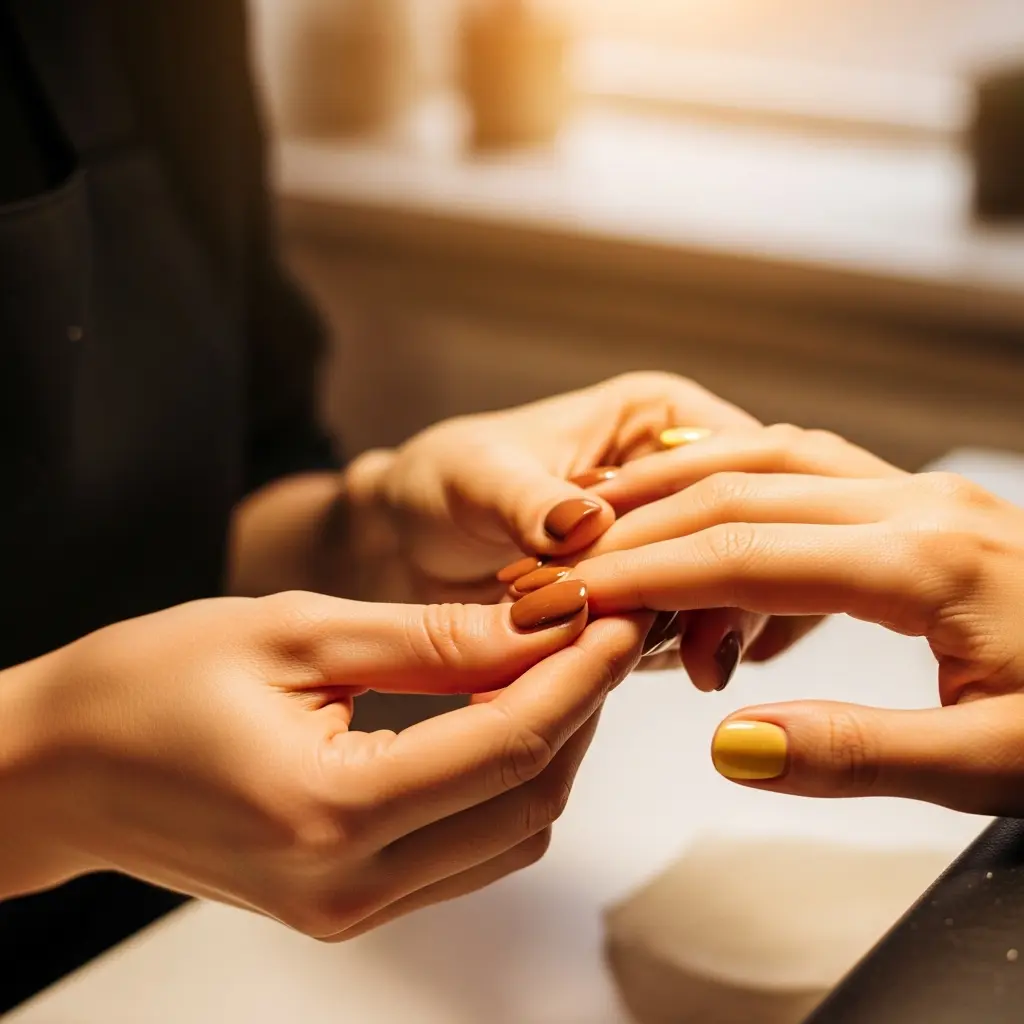 Bliski plan sesji manicure: manicurzystka pracuje nad dłonią klientki z błyszczącymi brązowymi i jaskrawymi żółtymi paznokciami w ciepłym świetle