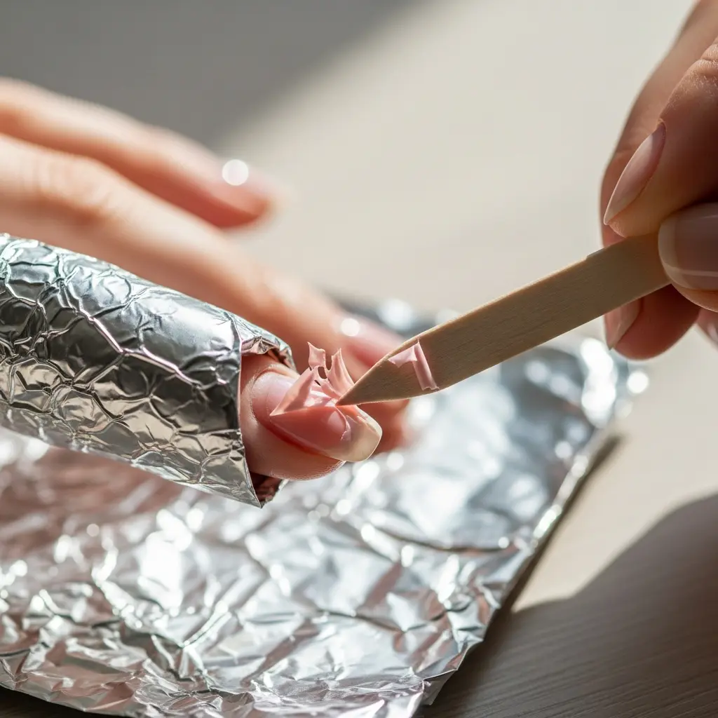 Bliski plan usuwania różowego żelu na paznokciach z palca za pomocą folii aluminiowej i drewnianego pchacza po acetonowej kąpieli