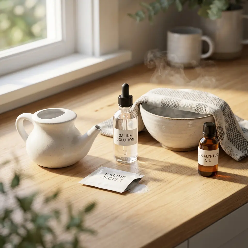 Jasno oświetlony zestaw na drewnianym blacie do ulgi oddechowej: neti pot, saszetka soli, kroplomierz roztworu, parująca misa z ręcznikiem, olejek eukaliptusowy w słońcu