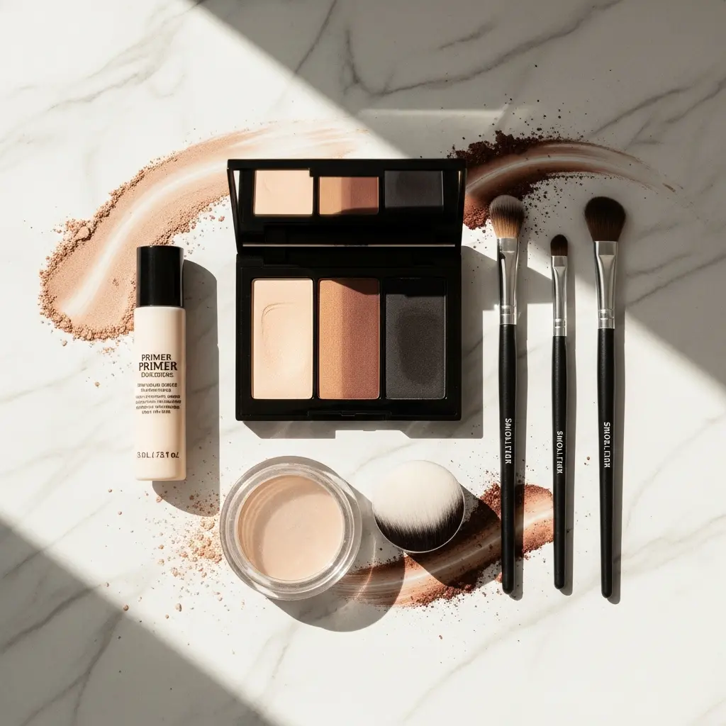Flat lay kosmetyków na białym marmurze: otwarta paleta konturowa, butelka z primerem, sypki puder, pędzel kabuki, profesjonalne pędzle, rozsypane proszki, naturalne cienie