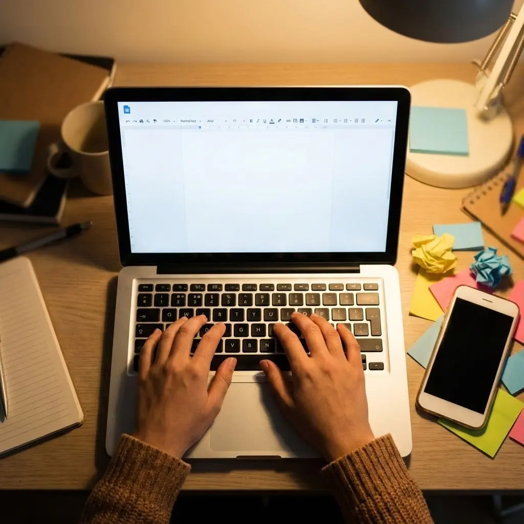 Widok z góry na ręce piszące na srebrnym laptopie z pustym dokumentem, karteczki, smartfon, notes, długopis, kubek na drewnianym biurku przy ciepłym świetle lampy