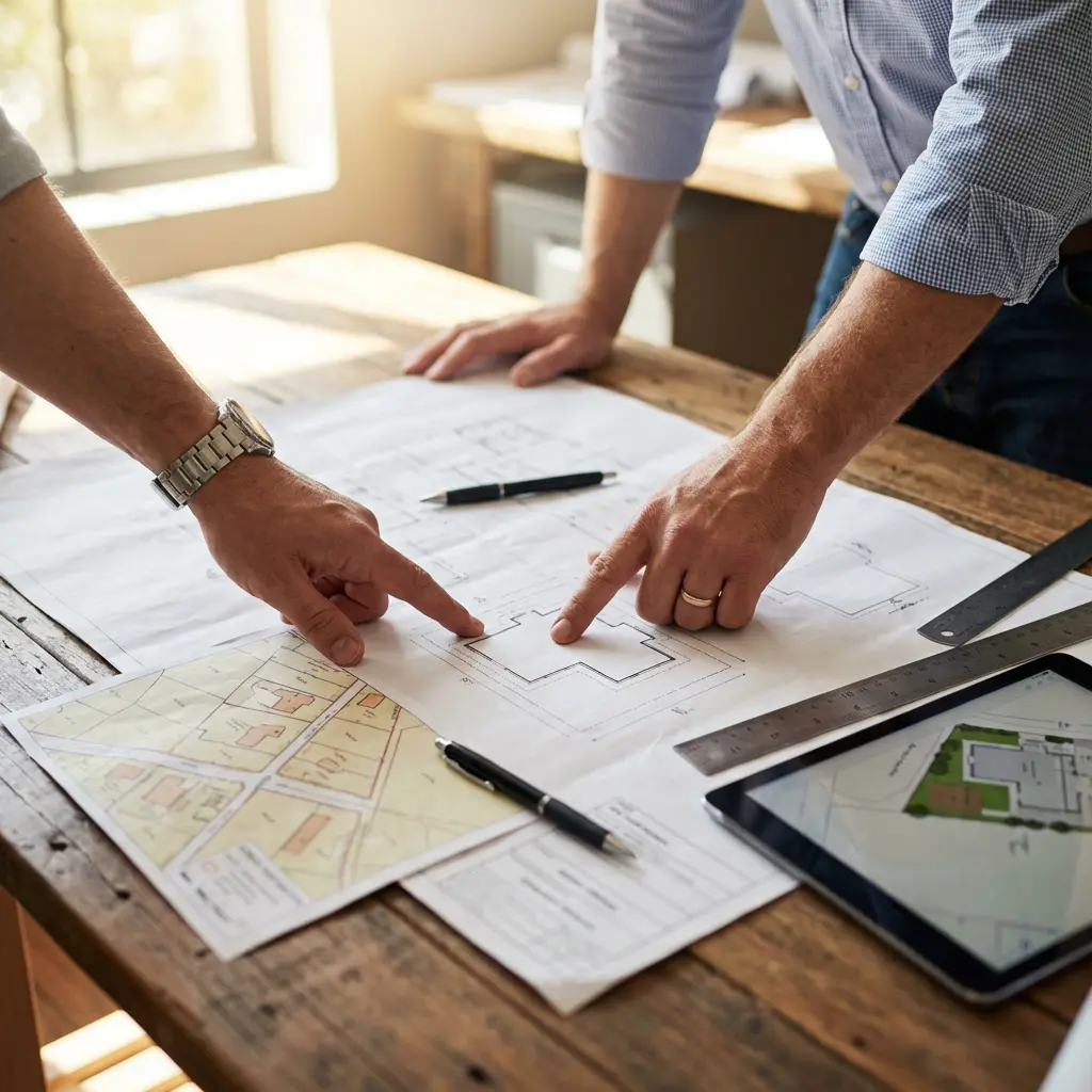 Dwóch architektów intensywnie omawiających plany domu na rustykalnym stole drewnianym, ręce wskazujące układ z długopisami, linijką, tabletem i mapami