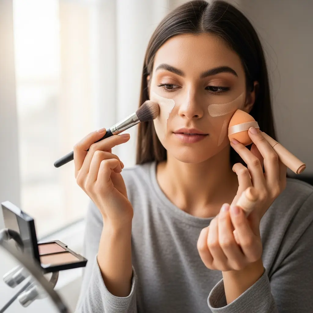 Młoda kobieta skupiona na blendowaniu podkładu na policzku puszystym pędzlem do makijażu, trzymając pomarańczowy beauty blender przy toaletce