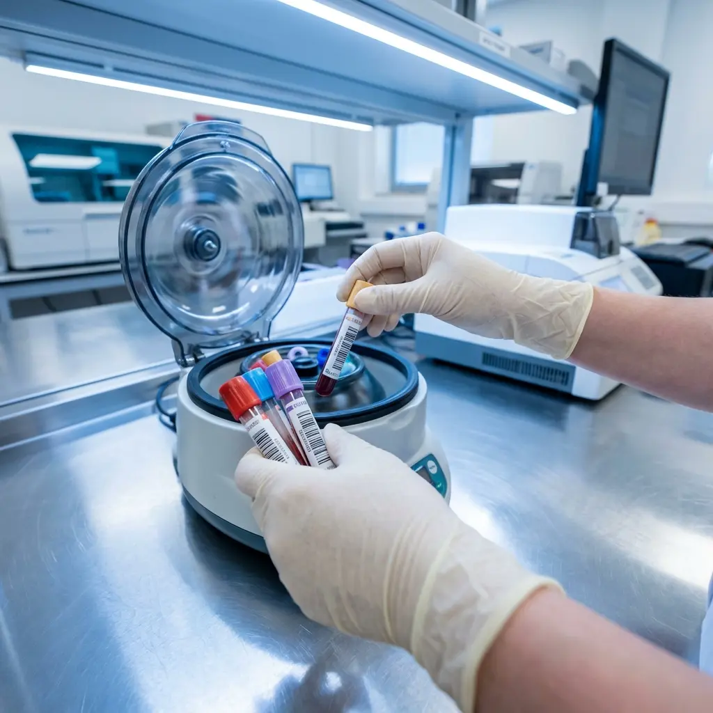 Laborant w białych rękawicach trzyma probówki z krwią z kolorowymi zatyczkami nad wirówką medyczną w ruchu w sterylnym laboratorium