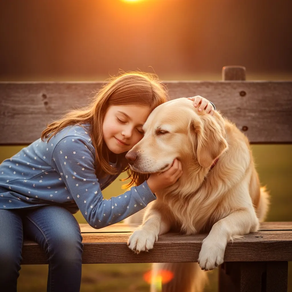 Młoda dziewczynka z zamkniętymi oczami uśmiecha się spokojnie, opierając głowę o golden retrievera na rustykalnej drewnianej ławce w ciepłym złotym świetle zachodu słońca
