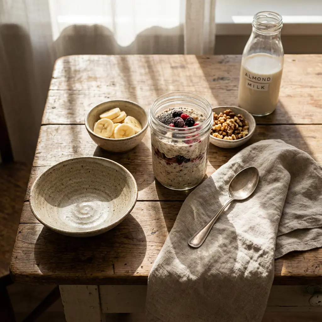 Zdrowe śniadanie z warstwową owsianką nocną lub puddingiem chia, jagodami, bananami, orzechami włoskimi na rustykalnym drewnianym stole w ciepłym słońcu
