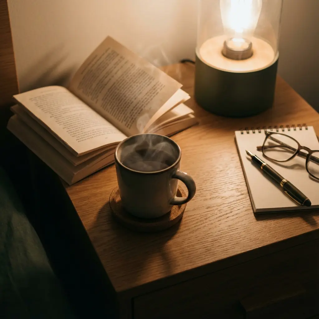 Przytulny drewniany stolik nocny z otwartą książką, parującą filiżanką kawy lub herbaty, świecącą lampą, notesem, piórem i okularami w ciepłym świetle
