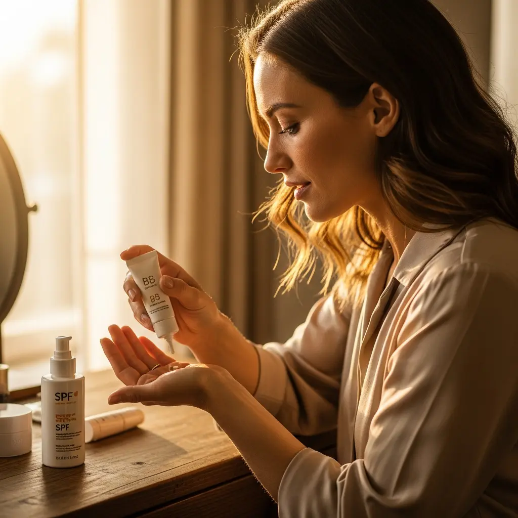 Młoda kobieta z długimi falowanymi brązowymi włosami wyciska tubę BB Derma Tinting na dłoń, butelka SPF+ na rustykalnym drewnianym blacie, ciepłe światło złotej godziny