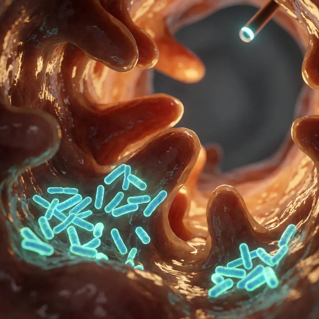 Ilustracja naukowa biologicznego lumenu z pofałdowanymi czerwonobrązowymi ścianami, świecącymi niebieskimi prątkowatymi bakteriami i wchodzącą sondą medyczną