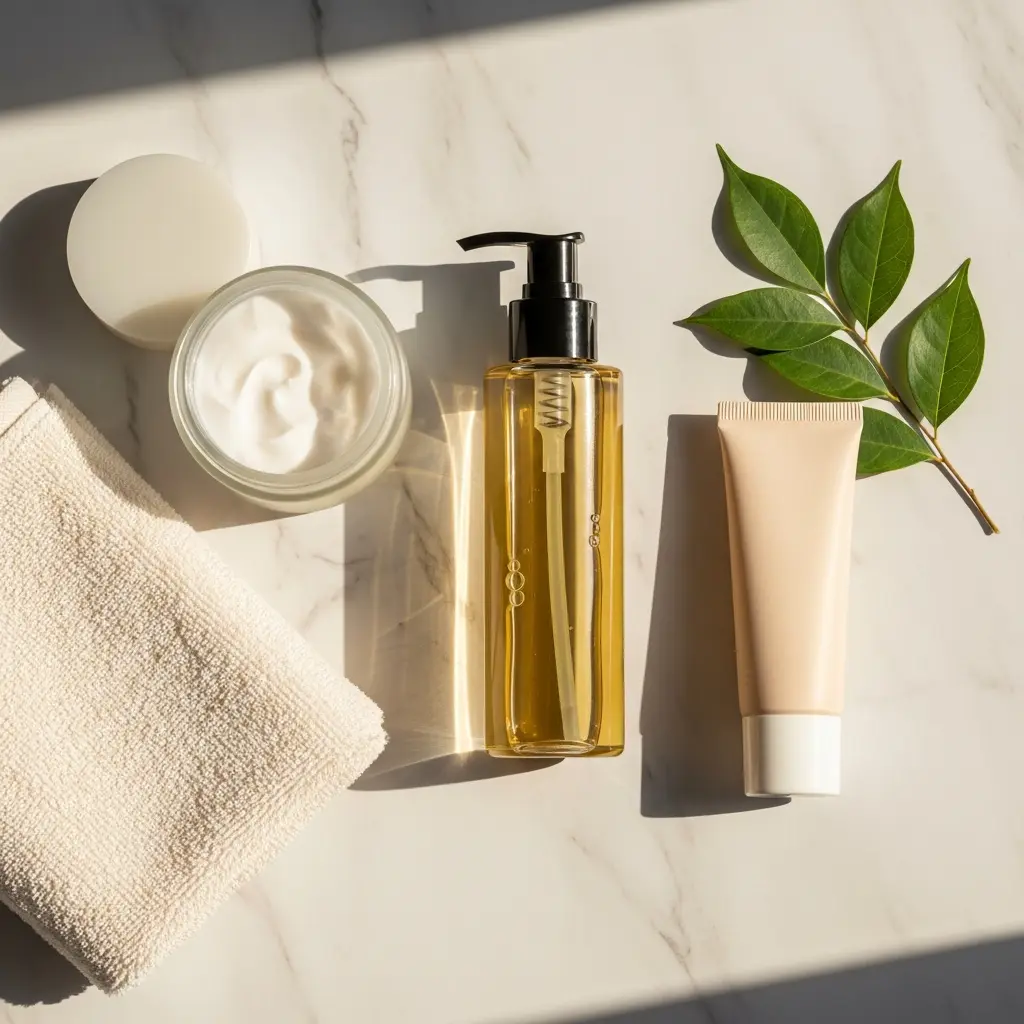 Minimalistyczny flat lay kosmetyków do pielęgnacji na białym marmurze: słoik kremu, butelka z olejkiem, ręcznik, tubka, zielone liście w naturalnym świetle