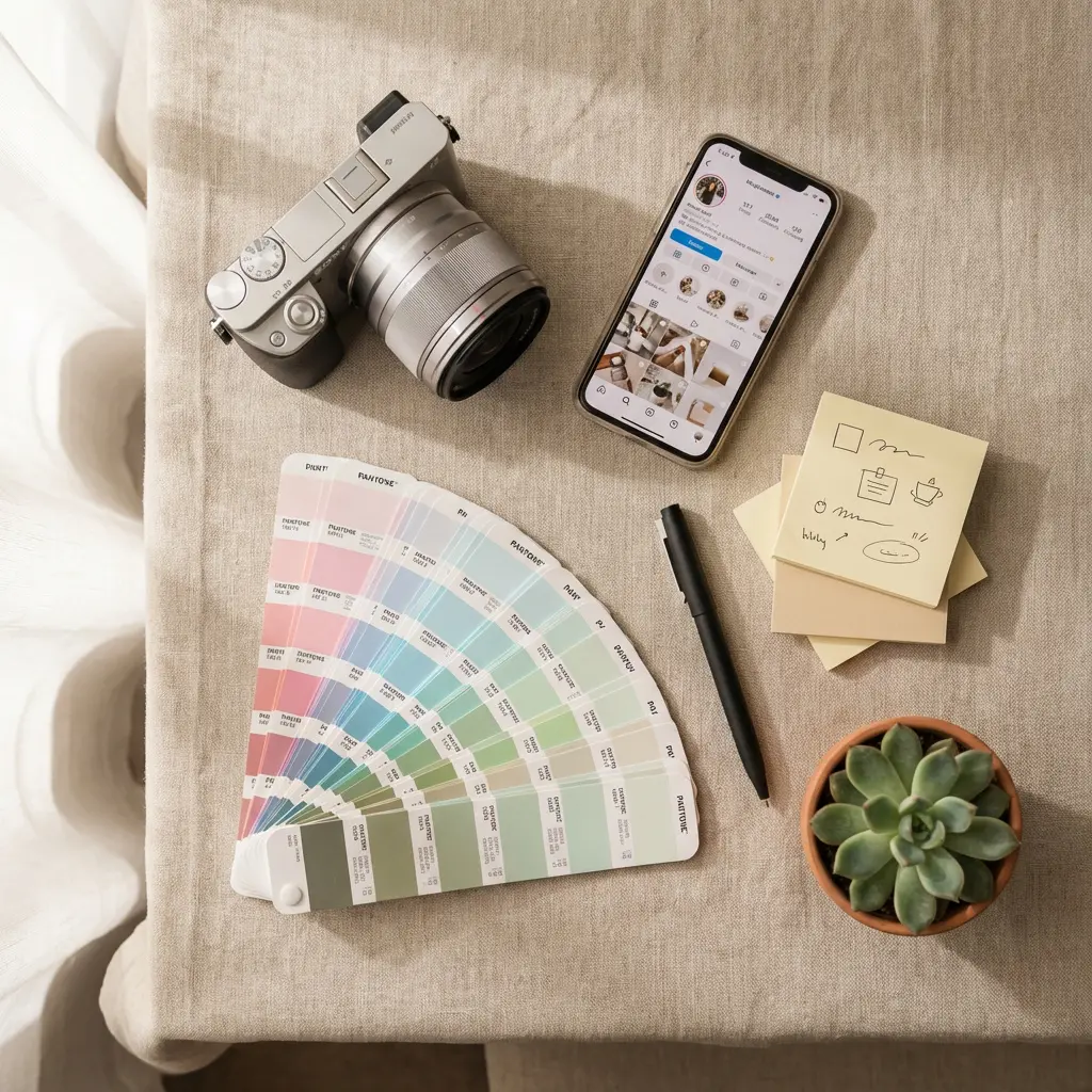 Flat lay z lotu ptaka kreatywnego stanowiska pracy z aparatem Sony, iPhone z Instagramem, próbkami Pantone, karteczkami, długopisem i sukulentem na beżowym lnie