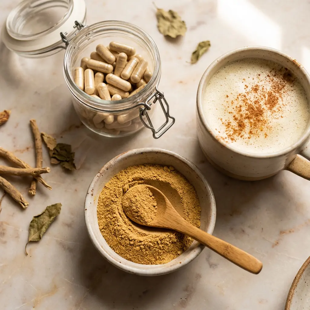 Flat lay produktów wellness: szklany słoik z beżowymi kapsułkami, ceramiczna miseczka z brązowym proszkiem i drewnianą łyżką, piankowe latte z przyprawą, suszone korzenie na marmurze