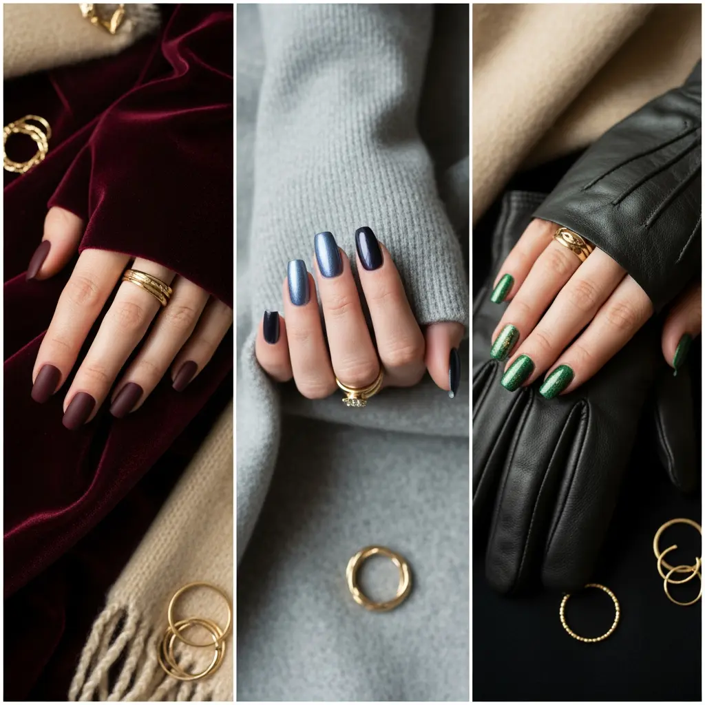 Tryptyk eleganckich dłoni z manicure: matowy bordowy, metaliczny niebieski, brokatowy zielony lakier, złote pierścienie na aksamicie, dzianinie, skórze